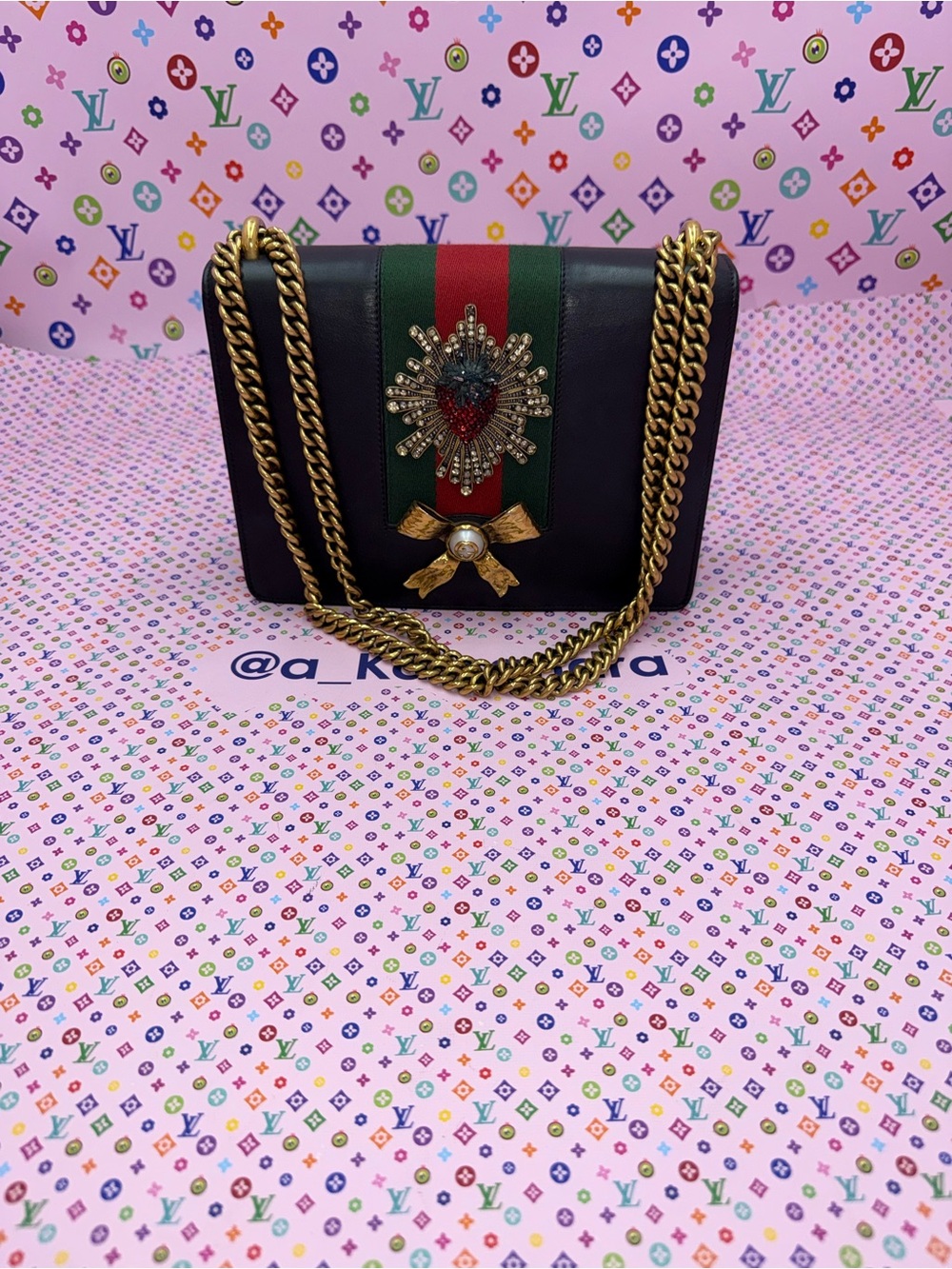 Gucci Queen Margaret Strawberry Chain Bag Black Leather GG Web